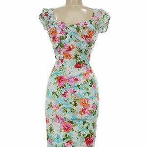 Stop Staring! Floral retro style cocktail dress Aqua with Pink & Orange Blooms